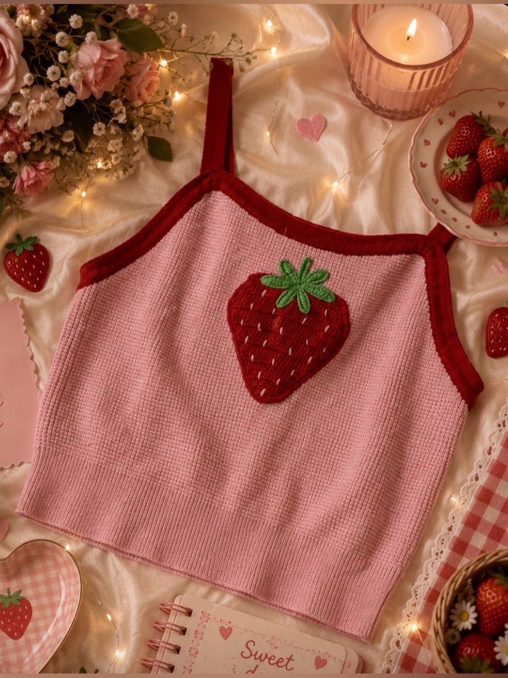 Super cute Knit Strawberry Crop Tank with Red Trim